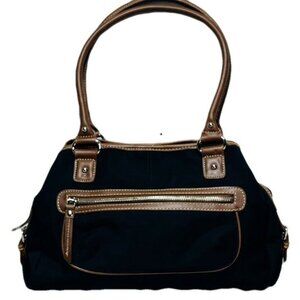 Chaps Black & Brown Canvas & Faux Leather Shoulder Handbag With Multiple Zipper